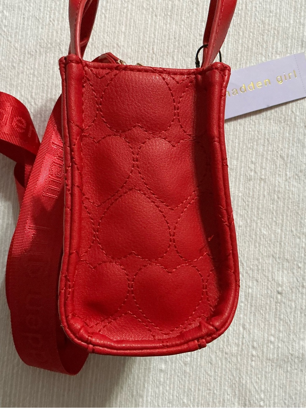 Madden Girl Lacy Quilted Heart Red Mini Tote with Adjustable Strap - Picture 5 of 11